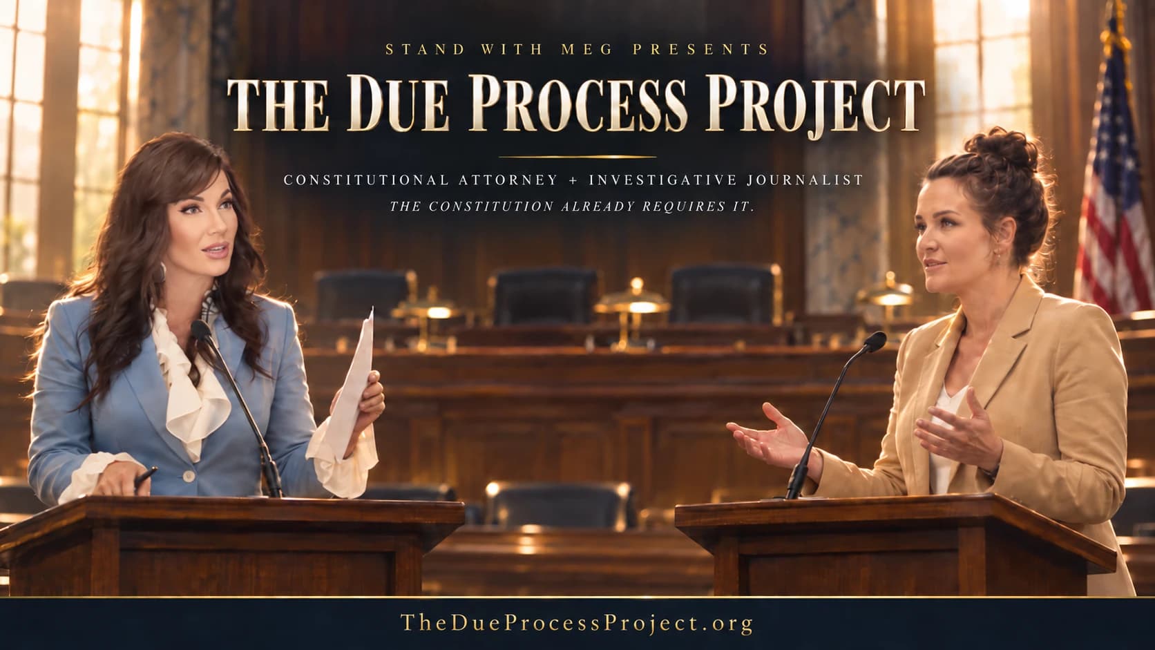 AI campaign artwork featuring Meg and Shannon Draughon at lecterns for The Due Process Project